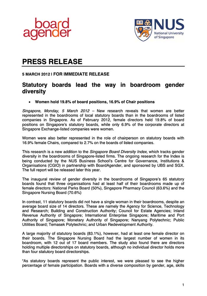 BOARDAGENDER-NUS NEWS RELEASE: STATUTORY BOARDS LEAD THE WAY IN BOARDROOM GENDER DIVERSITY